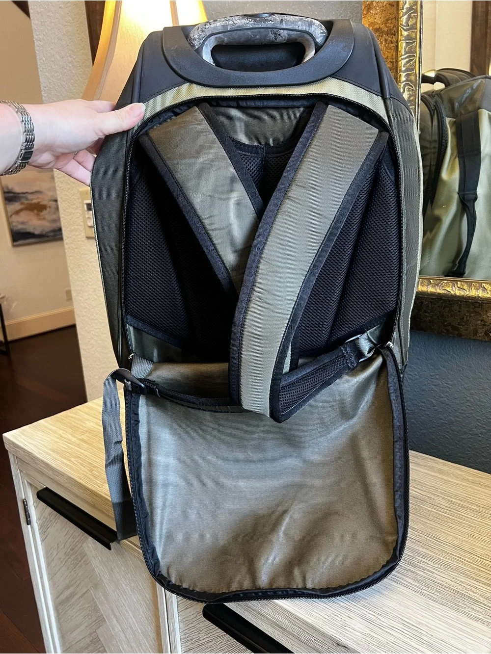 REI Olive/Tan Rolling Travel Backpack with Telescopic Handle